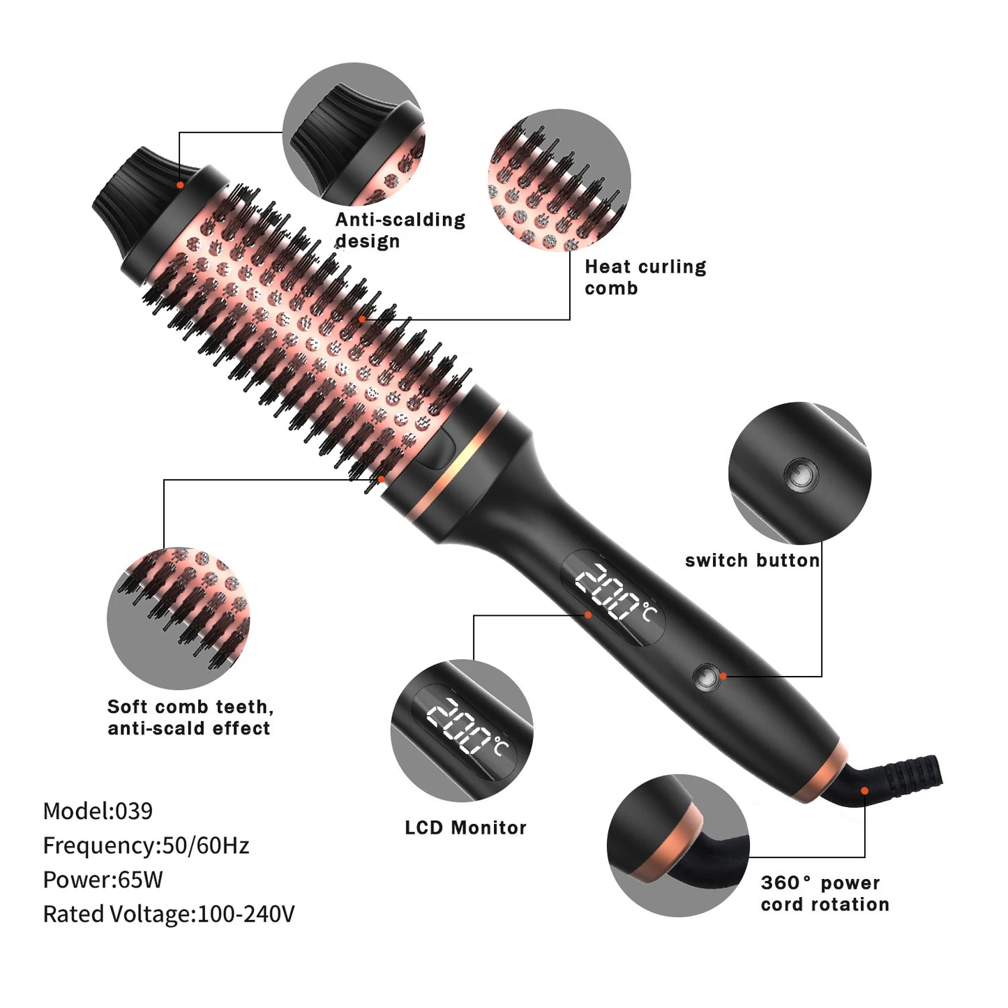 Wavy Thermal Brush, Hot Hair Brush, Blowout Dryer Brush Ionic Heated round Brush for Natural Curls Dual Voltage Thermal round Brush, Easy to Use Hair Styling Tool for Women & Girls