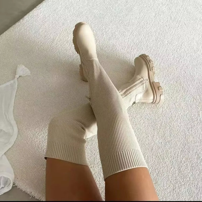 Luxury 2024 New Thigh High Boots Women Casual Plush Knee Boots Brand Designer Ladies PU Leather Long Boots White Women