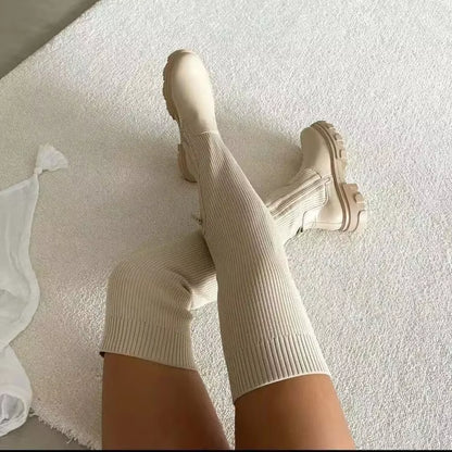 Luxury 2024 New Thigh High Boots Women Casual Plush Knee Boots Brand Designer Ladies PU Leather Long Boots White Women