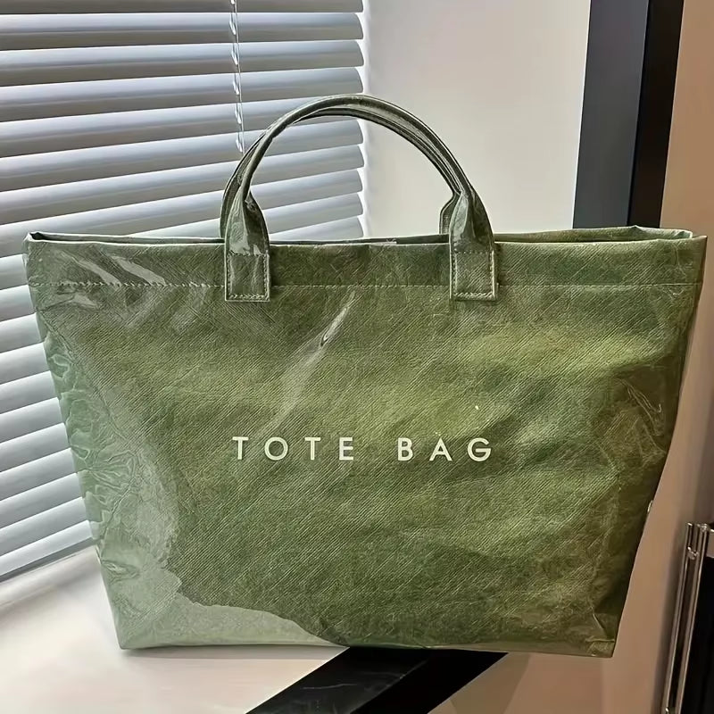 Chic Preppy-Style Large Capacity Tote Bag - Lightweight PVC & Kraft Paper with Magic Tape Closure for Women'S Fashion