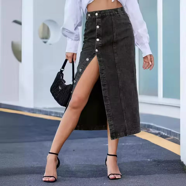 Chic Button Front Denim Skirt,