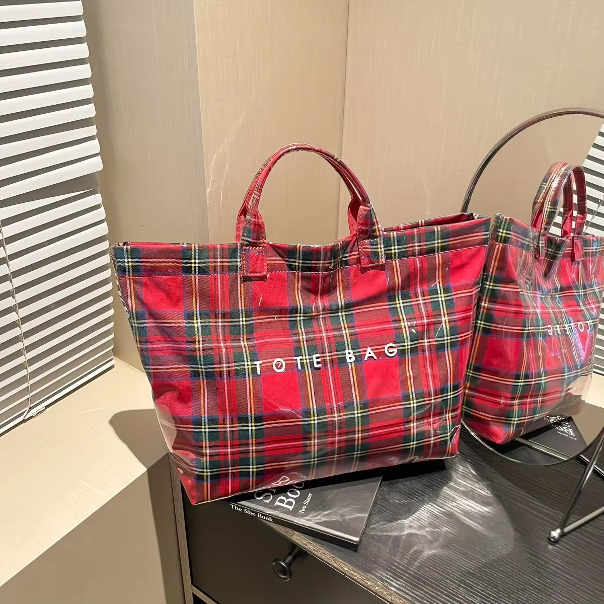 Chic Preppy-Style Large Capacity Tote Bag - Lightweight PVC & Kraft Paper with Magic Tape Closure for Women'S Fashion