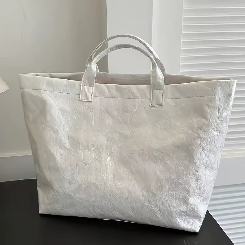 Chic Preppy-Style Large Capacity Tote Bag - Lightweight PVC & Kraft Paper with Magic Tape Closure for Women'S Fashion
