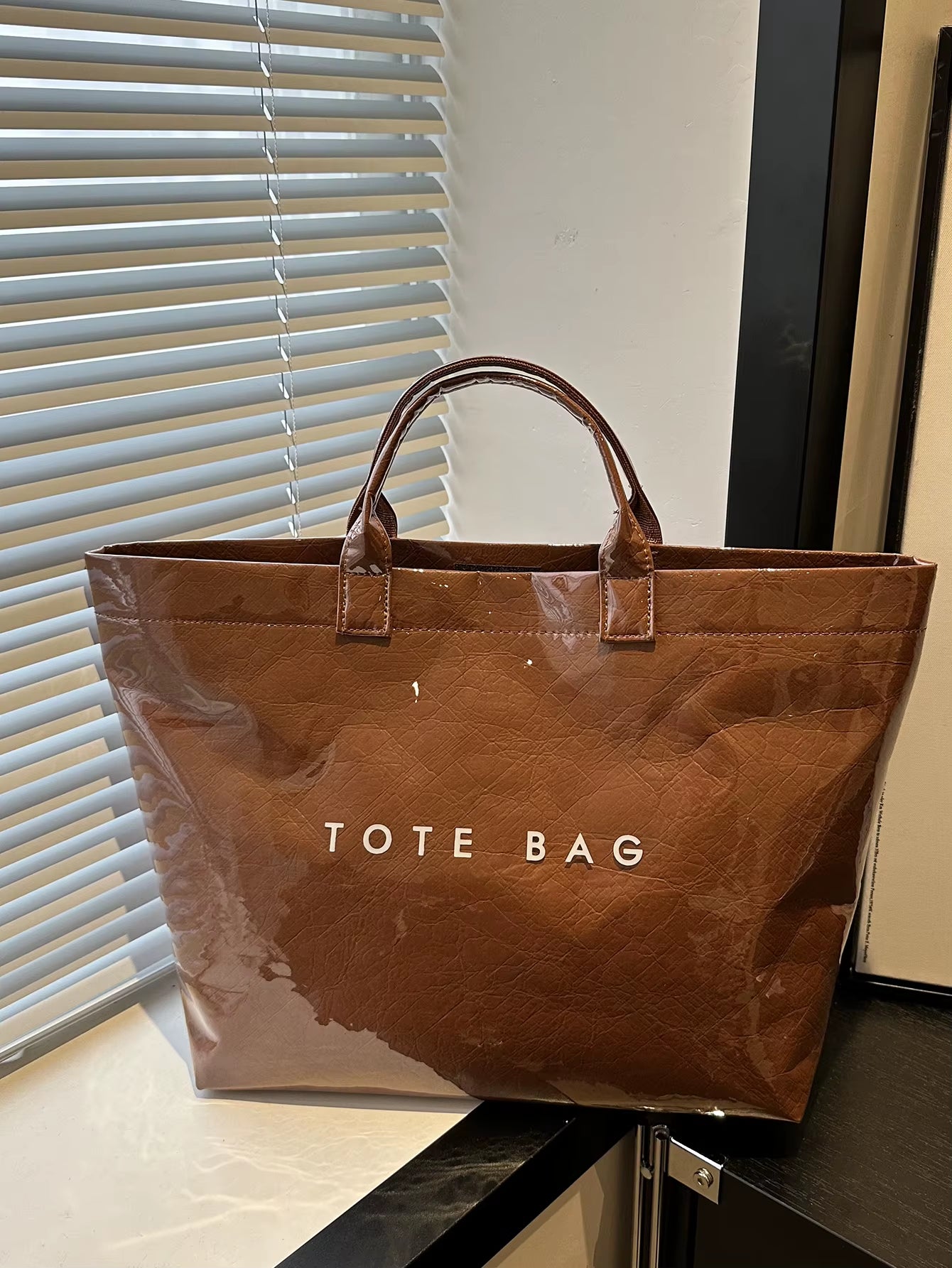 Chic Preppy-Style Large Capacity Tote Bag - Lightweight PVC & Kraft Paper with Magic Tape Closure for Women'S Fashion