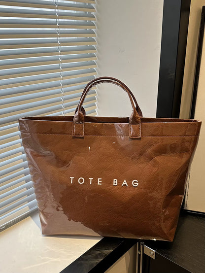 Chic Preppy-Style Large Capacity Tote Bag - Lightweight PVC & Kraft Paper with Magic Tape Closure for Women'S Fashion