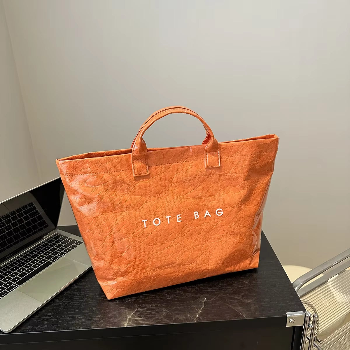 Chic Preppy-Style Large Capacity Tote Bag - Lightweight PVC & Kraft Paper with Magic Tape Closure for Women'S Fashion